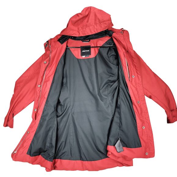 Marmot Trench Coat sz L Women Hooded Brick Red Lined Mid Length Lined Pockets - Picture 3 of 13